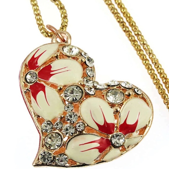 White crystal enamel Heart Pendant Necklace-Bohemian Floral-Unique - Picture 2 of 7